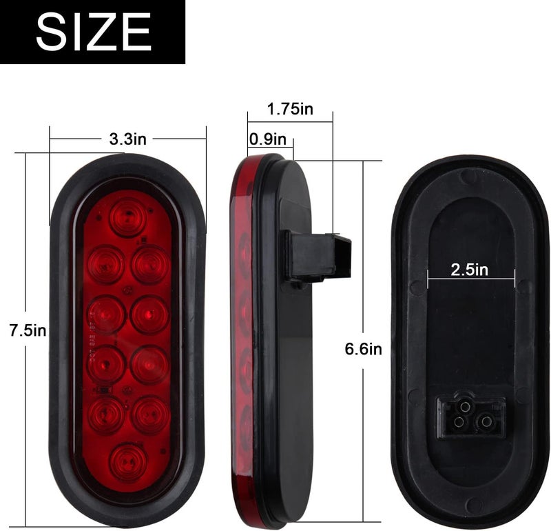 Partswcgg 6 Inch Oval LED Trailer Tail Lights 10 LED, 10Pcs Trailer Truck Brake RED 6" Oval Led Stop Turn Tail Lights Sealed Flush Mount Waterproof w/Rubber Grommets 3 Prong Wire Plug Pigtails 12V - Image 4
